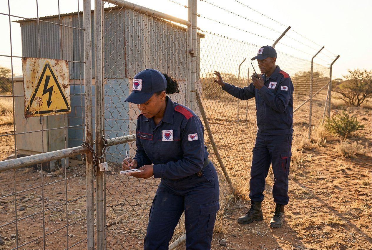 Maya officers inspecting a farm perimeter gate and fence line