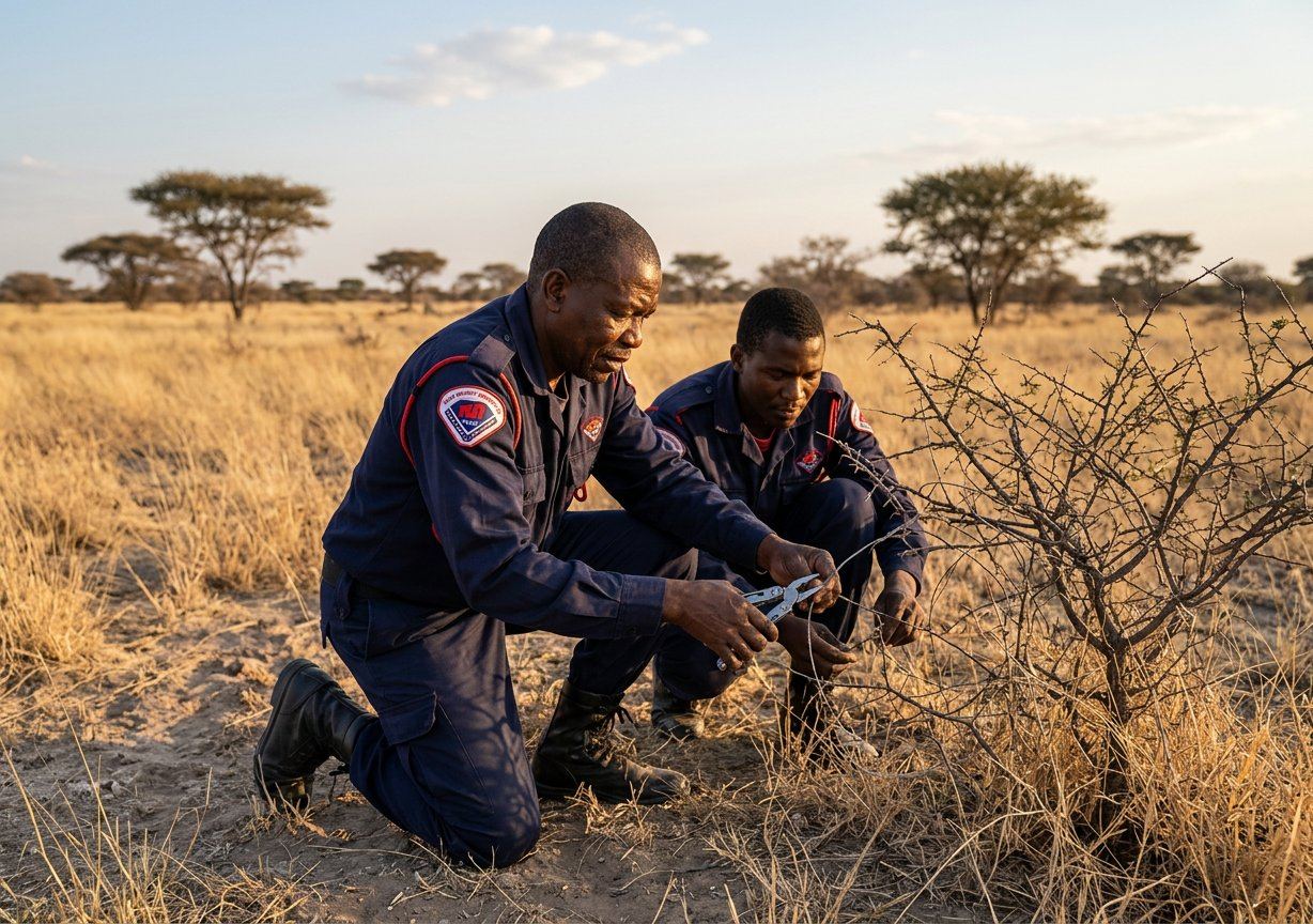 Maya officers clearing a poaching snare from thorn bush