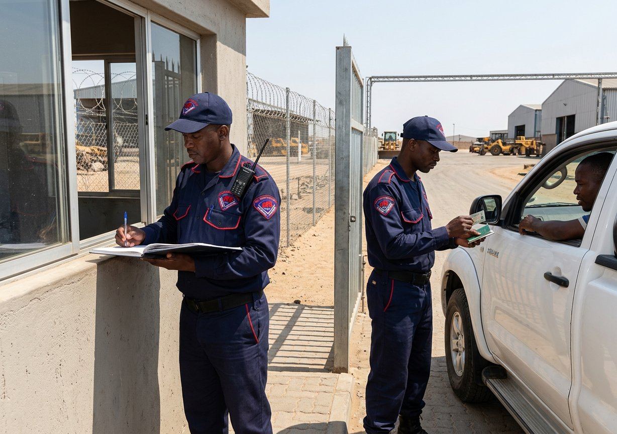 Maya officers controlling vehicle access at a commercial gatehouse