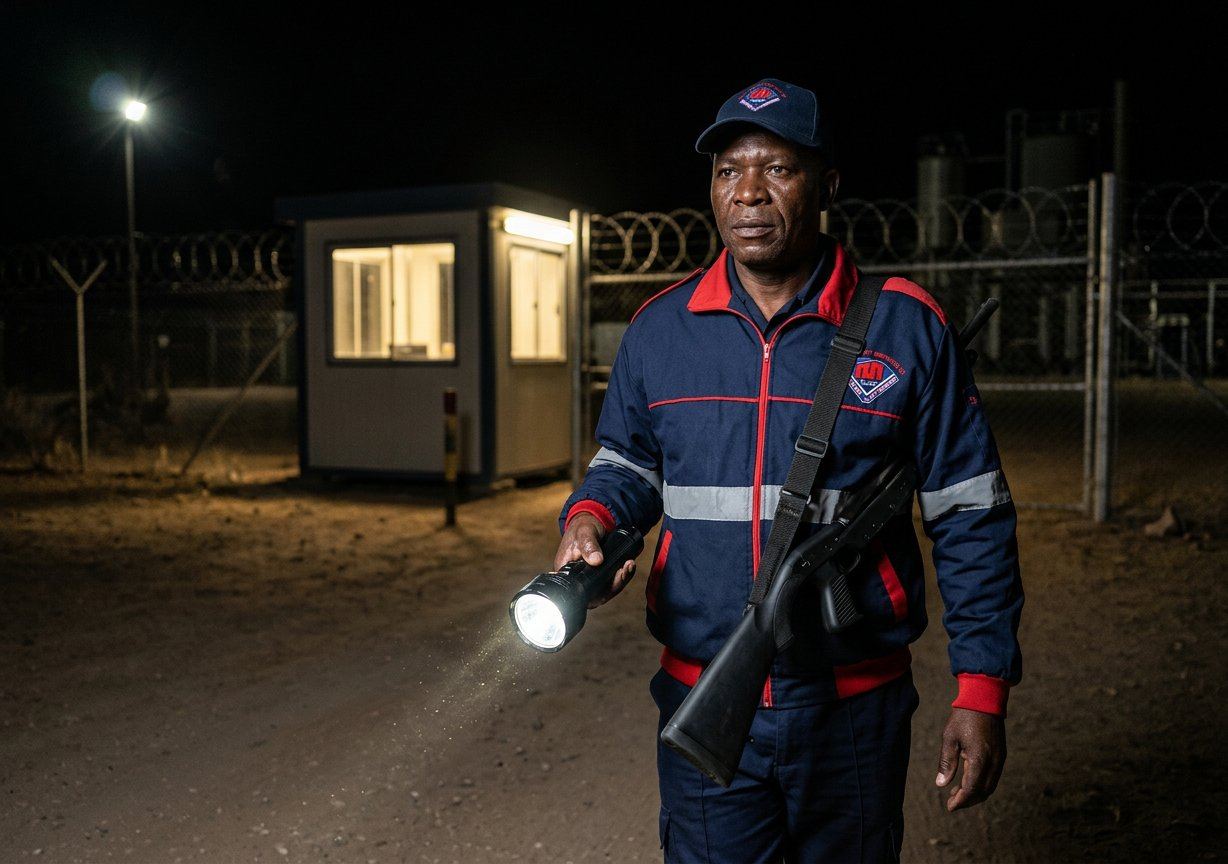 Maya Security officer on torch-lit night patrol beside a guarded post and perimeter fencing