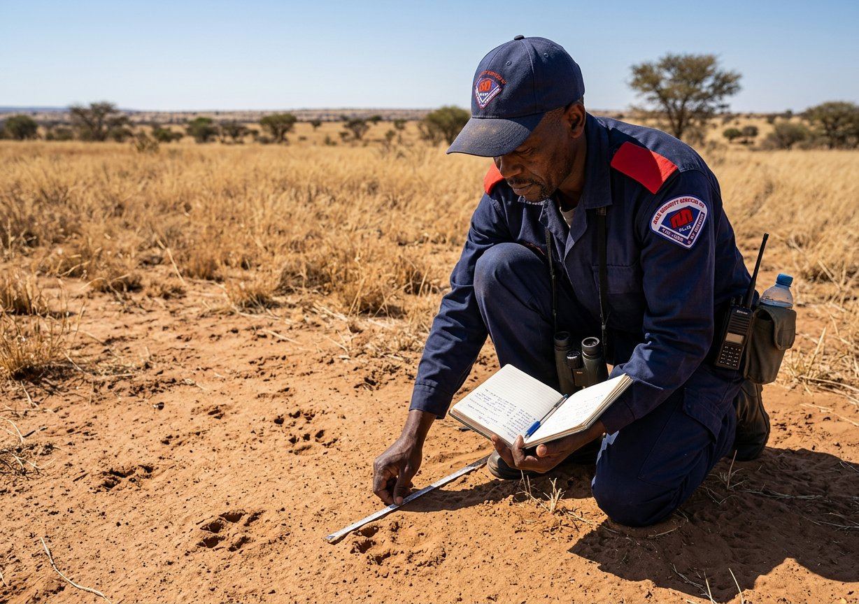 Maya tracking officer measuring spoor in the sand with notebook and binoculars